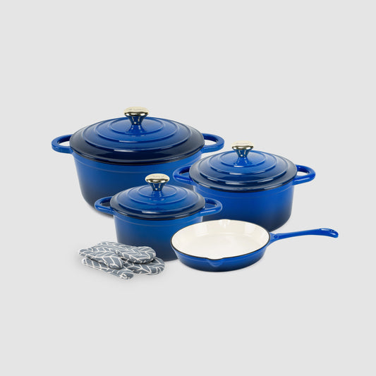 VAV GET Healthy and Safe, Non-Stick Enameled 7-PCS SET of Cast Iron Dutch Oven Cookwares. Set includes: 24cm Dutch Oven Fry Pan, 18cm, 21cm, 24cm Dutch Oven Cookwares with Lids and Gloves.