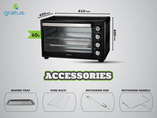 Gratus 60L, 2000W Electric Oven Toaster Grill with Rotisserie function, Timer, Temperature Control, 1-Year Full Warranty, Model- GOTG60TT