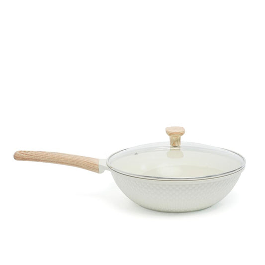 VAV GET Healthy & Safe Ceramic Non-Stick Lattice Series 28 CM Wok With Lid – Induction Compatible, Premium Cream Finish