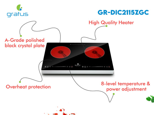 Gratus Electric Cooker Double Burns Infrared Sensor Touch & Knob Controller, 1500W Digital Display, Suits All Types Of Vessels Black, 1 Year Full Warranty, Model-GRDIC2115ZGC
