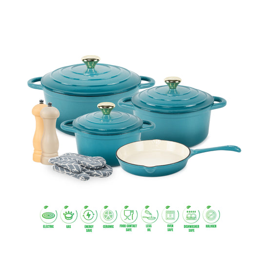 VAV GET Healthy and Safe Non-Stick Enameled Cast Iron 7-Piece Dutch Oven Cookware Set with Gloves and 2-Piece Mills. Includes: 24cm Dutch Oven Fry Pan, 18cm, 21cm, and 24cm Dutch Ovens with Lids, Gloves, and 2-Piece Mills.