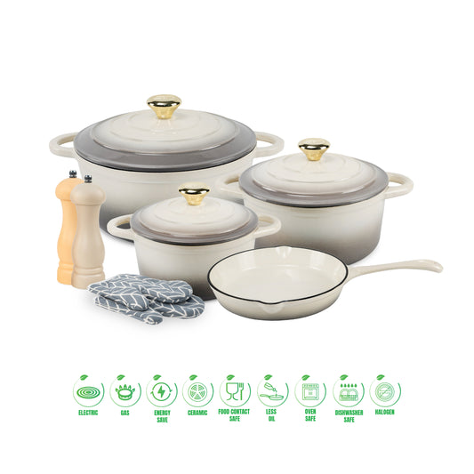 VAV GET Healthy and Safe Non-Stick Enameled Cast Iron 7-Piece Dutch Oven Cookware Set with Gloves and 2-Piece Mills. Includes: 24cm Dutch Oven Fry Pan, 18cm, 21cm, and 24cm Dutch Ovens with Lids, Gloves, and 2-Piece Mills.