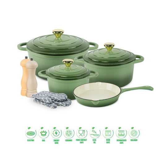 VAV GET Healthy and Safe Non-Stick Enameled Cast Iron 7-Piece Dutch Oven Cookware Set with Gloves and 2-Piece Mills. Includes: 24cm Dutch Oven Fry Pan, 18cm, 21cm, and 24cm Dutch Ovens with Lids, Gloves, and 2-Piece Mills.