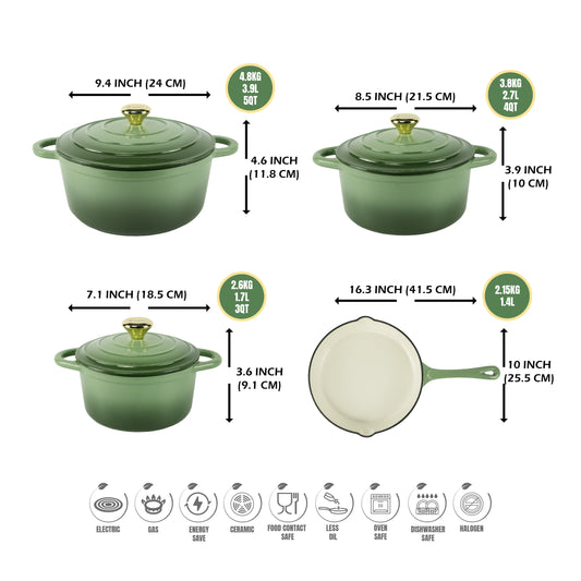 VAV GET Healthy and Safe, Non-Stick Enameled 7-PCS SET of Cast Iron Dutch Oven Cookwares. Set includes: 24cm Dutch Oven Fry Pan, 18cm, 21cm, 24cm Dutch Oven Cookwares with Lids and Gloves.