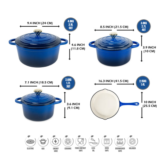 VAV GET Healthy and Safe, Non-Stick Enameled 7-PCS SET of Cast Iron Dutch Oven Cookwares. Set includes: 24cm Dutch Oven Fry Pan, 18cm, 21cm, 24cm Dutch Oven Cookwares with Lids and Gloves.