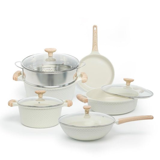 VAV GET Healthy & Safe Ceramic Nonstick 10-Pcs Cookware Set, Non-Toxic, Induction Ready, PFAS-PFOA Free Set with Soft-Touch Handles. Lattice Series Includes: 28cm and 24cm Casseroles with 28cm Steamer, 28cm Wok and 28cm Shallow Pans, 26cm Fry Pan.
