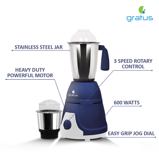 Gratus 600Watts Mixer Grinder with 2 Strong Steel Jars, Powerful Copper Motor, Overload Protection, PC unbreakable Lids, 2 years warranty