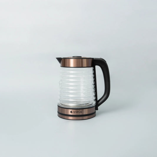 Gratus premium Electric Borosilicate Kettle, Aesthetic LED light design, No Dry Run, Cordless Base, 1-Year Warranty.