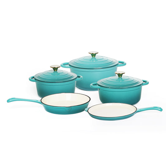 VAV GET Healthy and Safe Non-Stick Enameled Cast Iron 8-Piece Dutch Oven Cookware Set. Includes: 24cm Dutch Oven Fry Pan, Dutch Oven Crepe Pan, 18cm, 21cm, and 24cm Dutch Ovens with Lids.
