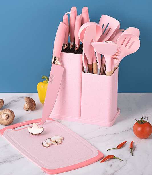 VAV GET 19-Piece Kitchen Knife and Utensils Set with Storage Rack, Silicone Cooking Utensils Set, Heat Resistant Kitchenware including cutting board, spoons whisk scraper spatula. Pink