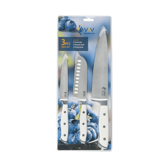 VAV GET Premium 3-Piece Knives Set. Set includes: 8-inch Chef, 5-inch Santoku & Utility Knives. Comfortable White Handle and Professional Stainless Steel with Long-Lasting Sharpness.