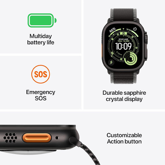 Apple Watch Ultra 3 GPS + Cellular 49mm Premium Running and Multisport Smartwatch with Rugged Black Titanium Case with Black/Charcoal Trail Loop M/L. Advanced Health and Fitness Tracking