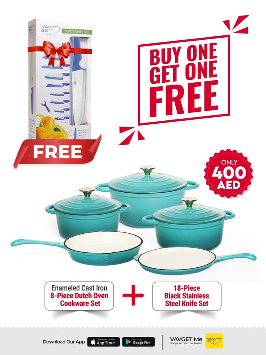 VAV GET Healthy and Safe Non-Stick Enameled Cast Iron 8-Piece Dutch Oven Cookware Set. Includes: 24cm Dutch Oven Fry Pan, Dutch Oven Crepe Pan, 18cm, 21cm, and 24cm Dutch Ovens with Lids.