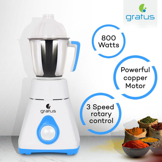 Gratus 800W Mixer Grinder With 3 Strong Steel Jars, Powerful Copper Motor, Overload Protection, 2 Years Warranty, Model- GMG8003TI