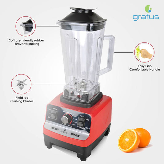Gratus Commercial blender 1500 watts with copper motor, 2 ltr pc jar, 6pc ice crushing blades, overheat protection, stepless speed regulation, Model- GCB7002FAF