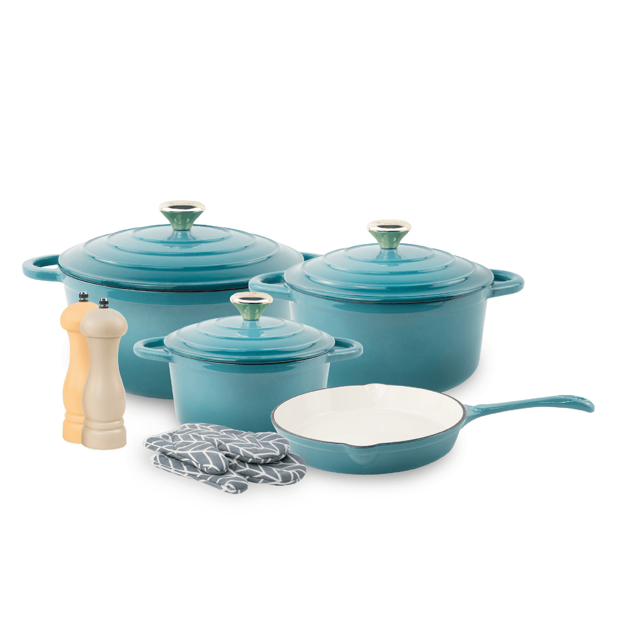 VAV GET Healthy and Safe Non-Stick Enameled Cast Iron 7-Piece Dutch Oven Cookware Set with Gloves and 2-Piece Mills. Includes: 24cm Dutch Oven Fry Pan, 18cm, 21cm, and 24cm Dutch Ovens with Lids, Gloves, and 2-Piece Mills.