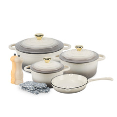VAV GET Healthy and Safe Non-Stick Enameled Cast Iron 7-Piece Dutch Oven Cookware Set with Gloves and 2-Piece Mills. Includes: 24cm Dutch Oven Fry Pan, 18cm, 21cm, and 24cm Dutch Ovens with Lids, Gloves, and 2-Piece Mills.