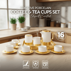 VAV GET Porcelain 16-Pieces Coffee and Tea Cups Set. 6 Cups (90 cc = 90 ml) & 6 Saucers Set + 1 Tray + 1 Coffee Pot (600cc)+ 1 Sugar Pot (200cc) + 1 Creamer (200cc) for 6 people.
