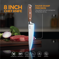 VAV GET PREMIUM 3-Piece Knives Set. Set includes: 8-inch Chef, 5-inch Santoku & Utility Knives. Comfortable Walnut Wood Handle and Professional Hammered Stainless Steel with Long-Lasting Sharpness.