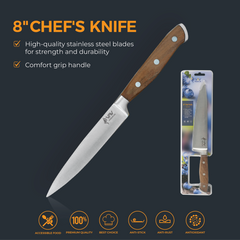 VAV GET Premium 8-inch Chef's Knife. Comfortable Walnut Wood Handle and Professional Stainless Steel with Long-Lasting Sharpness.