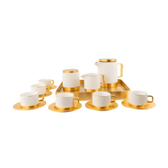 VAV GET Porcelain 16-Pieces Coffee and Tea Cups Set. 6 Cups (90 cc = 90 ml) & 6 Saucers Set + 1 Tray + 1 Coffee Pot (600cc)+ 1 Sugar Pot (200cc) + 1 Creamer (200cc) for 6 people.