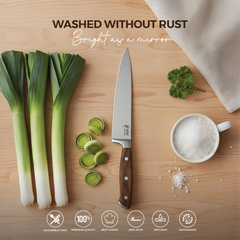 VAV GET Premium 8-inch Chef's Knife. Comfortable Walnut Wood Handle and Professional Stainless Steel with Long-Lasting Sharpness.