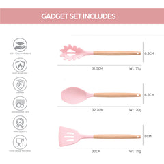 VAV GET 19-Piece Kitchen Knife and Utensils Set with Storage Rack, Silicone Cooking Utensils Set, Heat Resistant Kitchenware including cutting board, spoons whisk scraper spatula. Pink