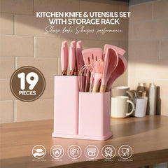 VAV GET 19-Piece Kitchen Knife and Utensils Set with Storage Rack, Silicone Cooking Utensils Set, Heat Resistant Kitchenware including cutting board, spoons whisk scraper spatula. Pink