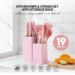 VAV GET 19-Piece Kitchen Knife and Utensils Set with Storage Rack, Silicone Cooking Utensils Set, Heat Resistant Kitchenware including cutting board, spoons whisk scraper spatula. Pink
