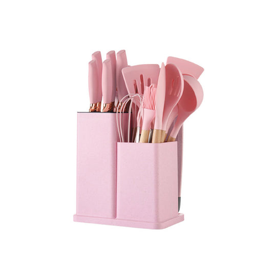 VAV GET 19-Piece Kitchen Knife and Utensils Set with Storage Rack, Silicone Cooking Utensils Set, Heat Resistant Kitchenware including cutting board, spoons whisk scraper spatula. Pink