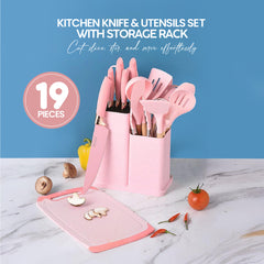 VAV GET 19-Piece Kitchen Knife and Utensils Set with Storage Rack, Silicone Cooking Utensils Set, Heat Resistant Kitchenware including cutting board, spoons whisk scraper spatula. Pink