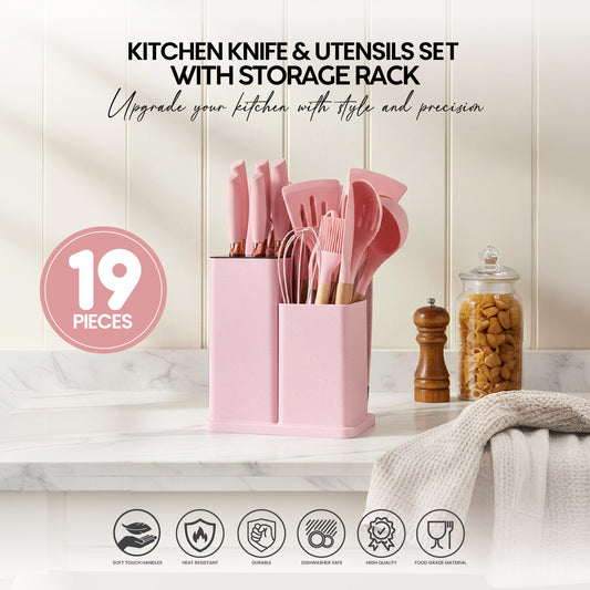 VAV GET 19-Piece Kitchen Knife and Utensils Set with Storage Rack, Silicone Cooking Utensils Set, Heat Resistant Kitchenware including cutting board, spoons whisk scraper spatula. Pink