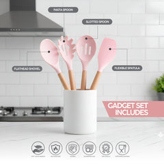 VAV GET 19-Piece Kitchen Knife and Utensils Set with Storage Rack, Silicone Cooking Utensils Set, Heat Resistant Kitchenware including cutting board, spoons whisk scraper spatula. Pink