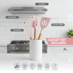 VAV GET 19-Piece Kitchen Knife and Utensils Set with Storage Rack, Silicone Cooking Utensils Set, Heat Resistant Kitchenware including cutting board, spoons whisk scraper spatula. Pink