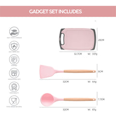 VAV GET 19-Piece Kitchen Knife and Utensils Set with Storage Rack, Silicone Cooking Utensils Set, Heat Resistant Kitchenware including cutting board, spoons whisk scraper spatula. Pink