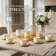 VAV GET Porcelain 16-Pieces Coffee and Tea Cups Set. 6 Cups (90 cc = 90 ml) & 6 Saucers Set + 1 Tray + 1 Coffee Pot (600cc)+ 1 Sugar Pot (200cc) + 1 Creamer (200cc) for 6 people.