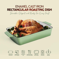 VAV GET Healthy & Safe Enamel Cast Iron Rectangular Roasting Dish, (12-Inch, Green) Oven & Induction Compatible, Easy-Clean Non-Stick Interior