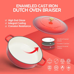 VAV GET Enameled Cast Iron Dutch Oven Braiser. 28cm, 3.79L, Cherry Red, Induction & All Hob Compatible, Oven & Grill Safe