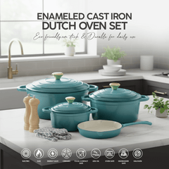 VAV GET Healthy and Safe Non-Stick Enameled Cast Iron 7-Piece Dutch Oven Cookware Set with Gloves and 2-Piece Mills. Includes: 24cm Dutch Oven Fry Pan, 18cm, 21cm, and 24cm Dutch Ovens with Lids, Gloves, and 2-Piece Mills.