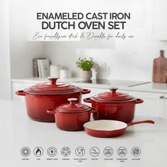 VAV GET Healthy and Safe, Non-Stick Enameled 7-PCS SET of Cast Iron Dutch Oven Cookwares. Set includes: 24cm Dutch Oven Fry Pan, 18cm, 21cm, 24cm Dutch Oven Cookwares with Lids.
