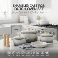 VAV GET Healthy and Safe Non-Stick Enameled Cast Iron 7-Piece Dutch Oven Cookware Set with Gloves and 2-Piece Mills. Includes: 24cm Dutch Oven Fry Pan, 18cm, 21cm, and 24cm Dutch Ovens with Lids, Gloves, and 2-Piece Mills.