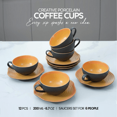 VAV GET 12-Piece Creative Porcelain Coffee Cups (200 ml - 6.7 Oz) & Saucers Set For 6 people
