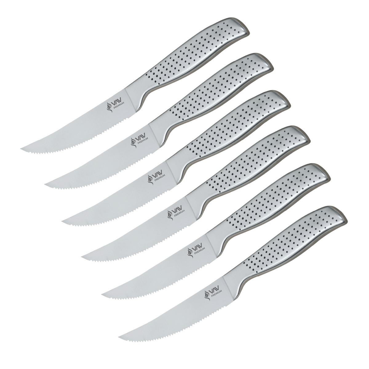 VAV GET Premium 6-Piece Steak Knives Set. Set includes: 6-Pieces of 4.5-inch Steak Knives. Comfortable and Pleasing Handle and Professional Serrated Stainless Steel with Long-Lasting Sharpness.