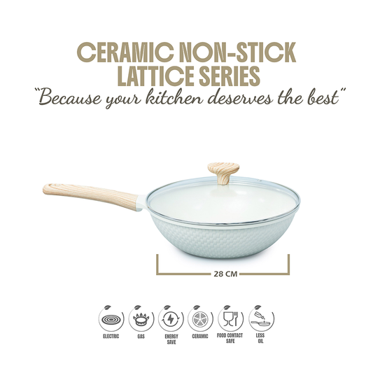 VAV GET Ceramic Non-Stick Lattice Series 28 CM Wok With Lid – Induction Compatible, Premium Cream Finish