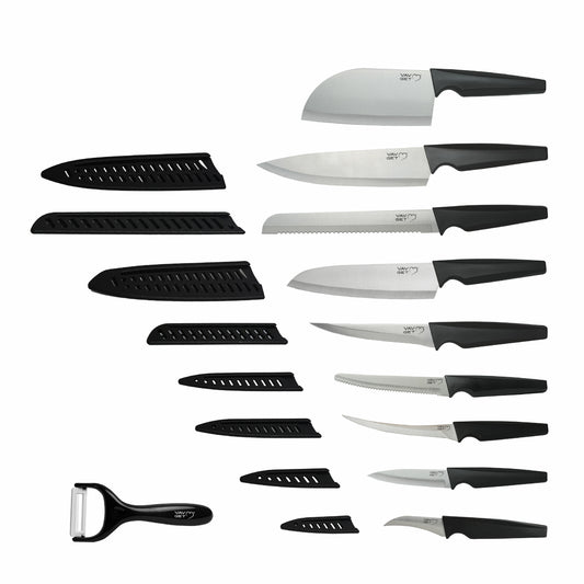 VAV GET Premium 18-Piece Black Stainless Steel Knife Set, Non-Slip Comfort Handles, Sharpened Chef Knives, Fruits & Vegetable Peeler Included, Ideal for Home & Professional Kitchen