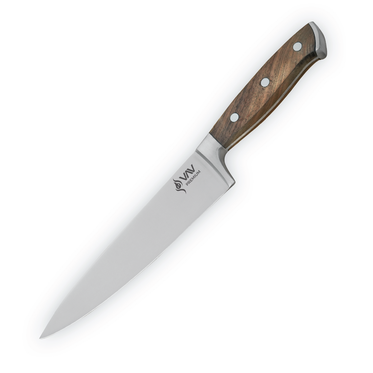 VAV GET Premium 8-inch Chef's Knife. Comfortable Walnut Wood Handle and Professional Stainless Steel with Long-Lasting Sharpness.