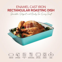 VAV GET Healthy & Safe Enamel Cast Iron Rectangular Roasting Dish, (12-Inch, Teal) Oven & Induction Compatible, Easy-Clean Non-Stick Interior