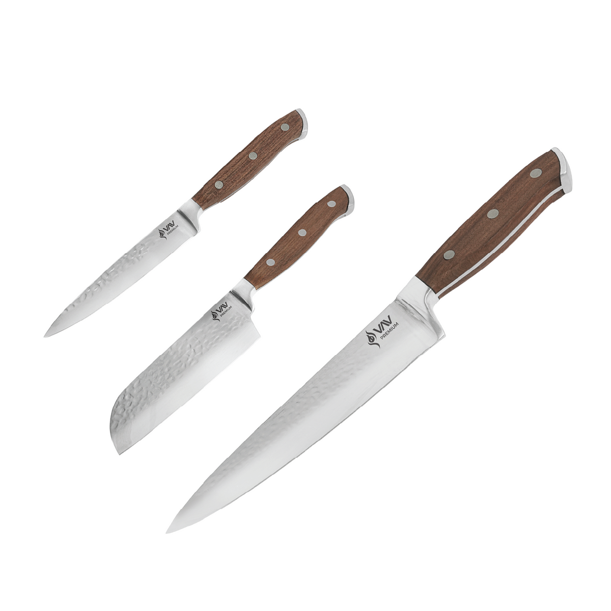 VAV GET PREMIUM 3-Piece Knives Set. Set includes: 8-inch Chef, 5-inch Santoku & Utility Knives. Comfortable Walnut Wood Handle and Professional Hammered Stainless Steel with Long-Lasting Sharpness.