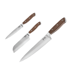 VAV GET PREMIUM 3-Piece Knives Set. Set includes: 8-inch Chef, 5-inch Santoku & Utility Knives. Comfortable Walnut Wood Handle and Professional Hammered Stainless Steel with Long-Lasting Sharpness.