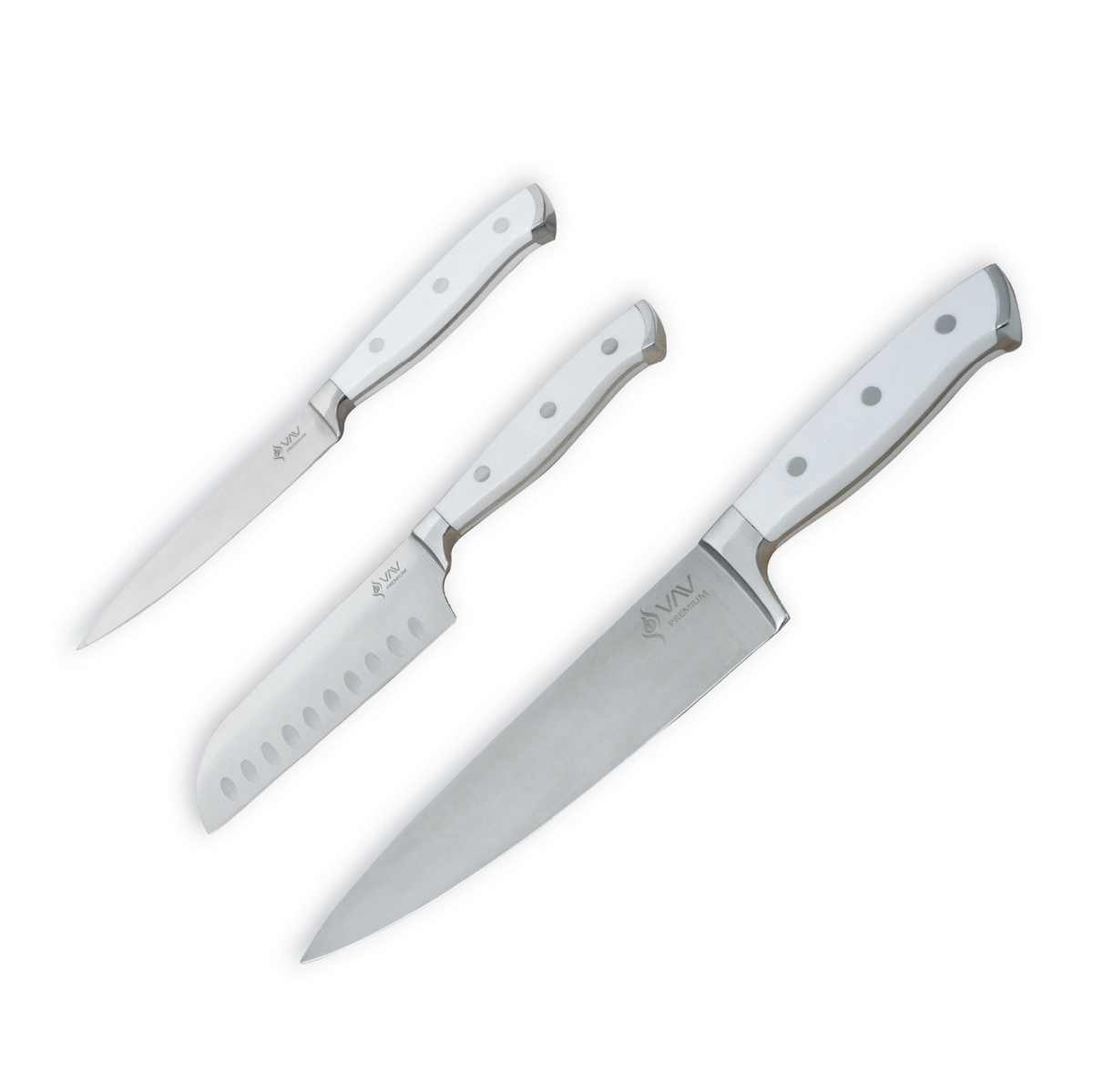 VAV GET Premium 3-Piece Knives Set. Set includes: 8-inch Chef, 5-inch Santoku & Utility Knives. Comfortable White Handle and Professional Stainless Steel with Long-Lasting Sharpness.